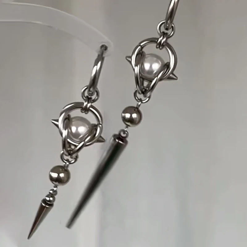 Goth Jewelry Stainless Steel Rivet Piercing Pearl Earrings Women Grunge E Girl Punk Cool Accessories Y2K Charm Drop Earrings