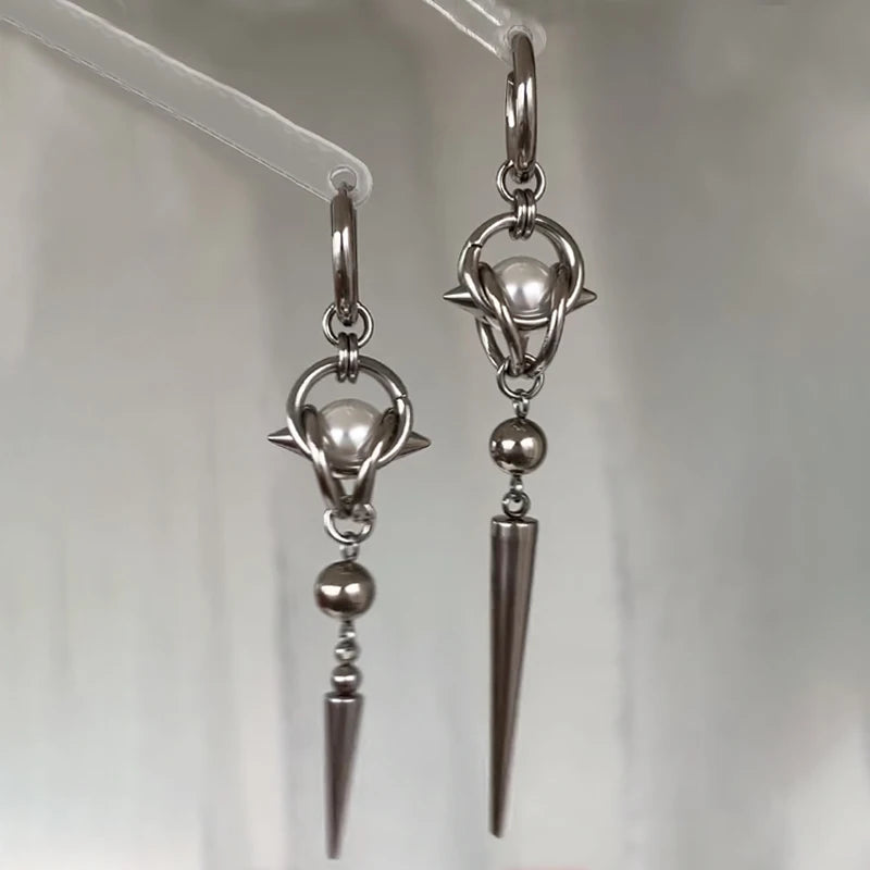 Goth Jewelry Stainless Steel Rivet Piercing Pearl Earrings Women Grunge E Girl Punk Cool Accessories Y2K Charm Drop Earrings