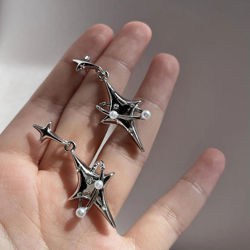 Simple Silver Color Star Earrings for Women Pearl Surround Planet Drop Earrings Punk Y2K Cute Daily Wear Jewelry Party Gifts