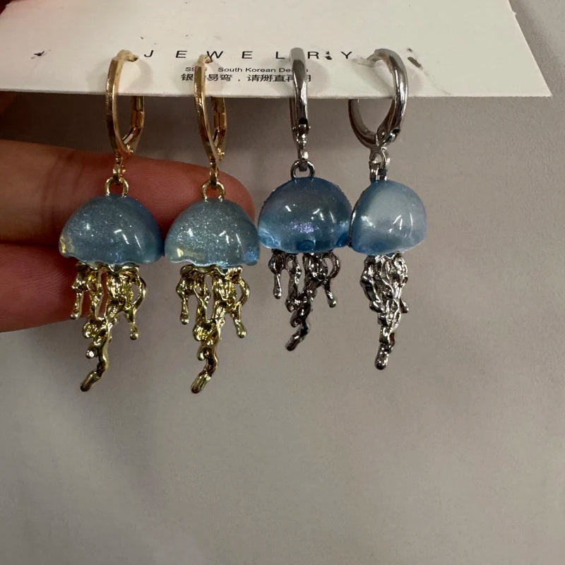 Sweet Blue Jellyfish Ocean Dangle Earrings For Women Girls Unique Aesthetic Charm 2000s Harajuku EMO Vintage Jewelry Accessories