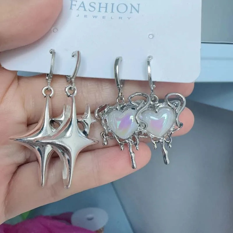 2026 New Fashion Silver Color Star Cross Pendant Earrings for Women Simple White Opal Heart Shaped Earrings Y2K Jewelry Gifts