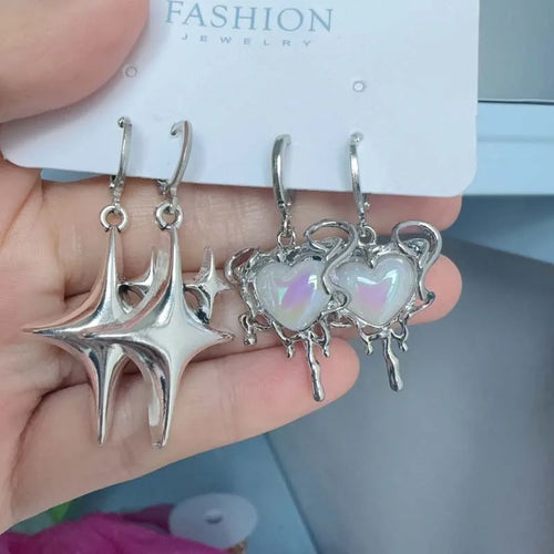 2026 New Fashion Silver Color Star Cross Pendant Earrings for Women Simple White Opal Heart Shaped Earrings Y2K Jewelry Gifts