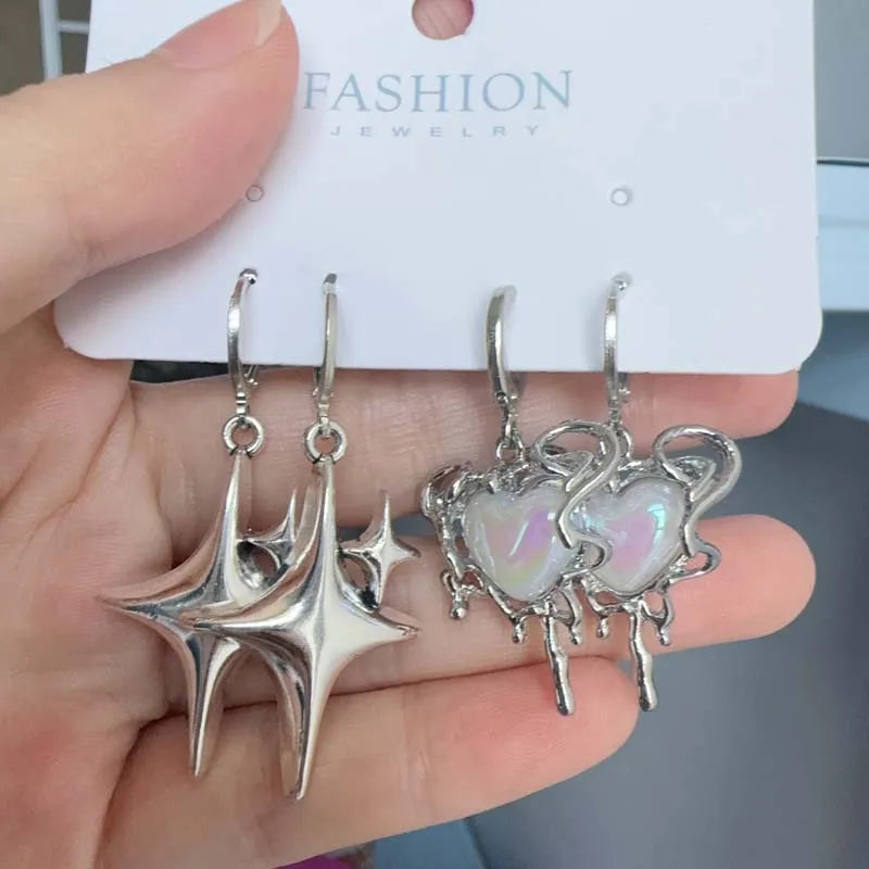 2026 New Fashion Silver Color Star Cross Pendant Earrings for Women Simple White Opal Heart Shaped Earrings Y2K Jewelry Gifts