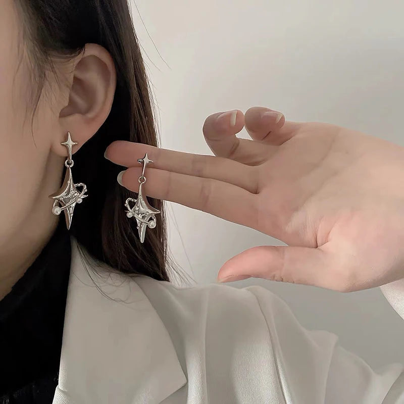 Simple Silver Color Star Earrings for Women Pearl Surround Planet Drop Earrings Punk Y2K Cute Daily Wear Jewelry Party Gifts