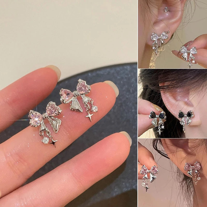 New Y2K Bowknot Zircon Stud Earrings for Women Fashion Korean Silver Color Pink Crystal Personality Earring Party Jewelry Gifts